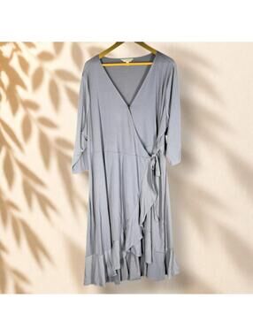 New Terra & Sky Wrap Dress Women 3X Plus Gray Midi V-Neck Tasseled Tie Up Casual